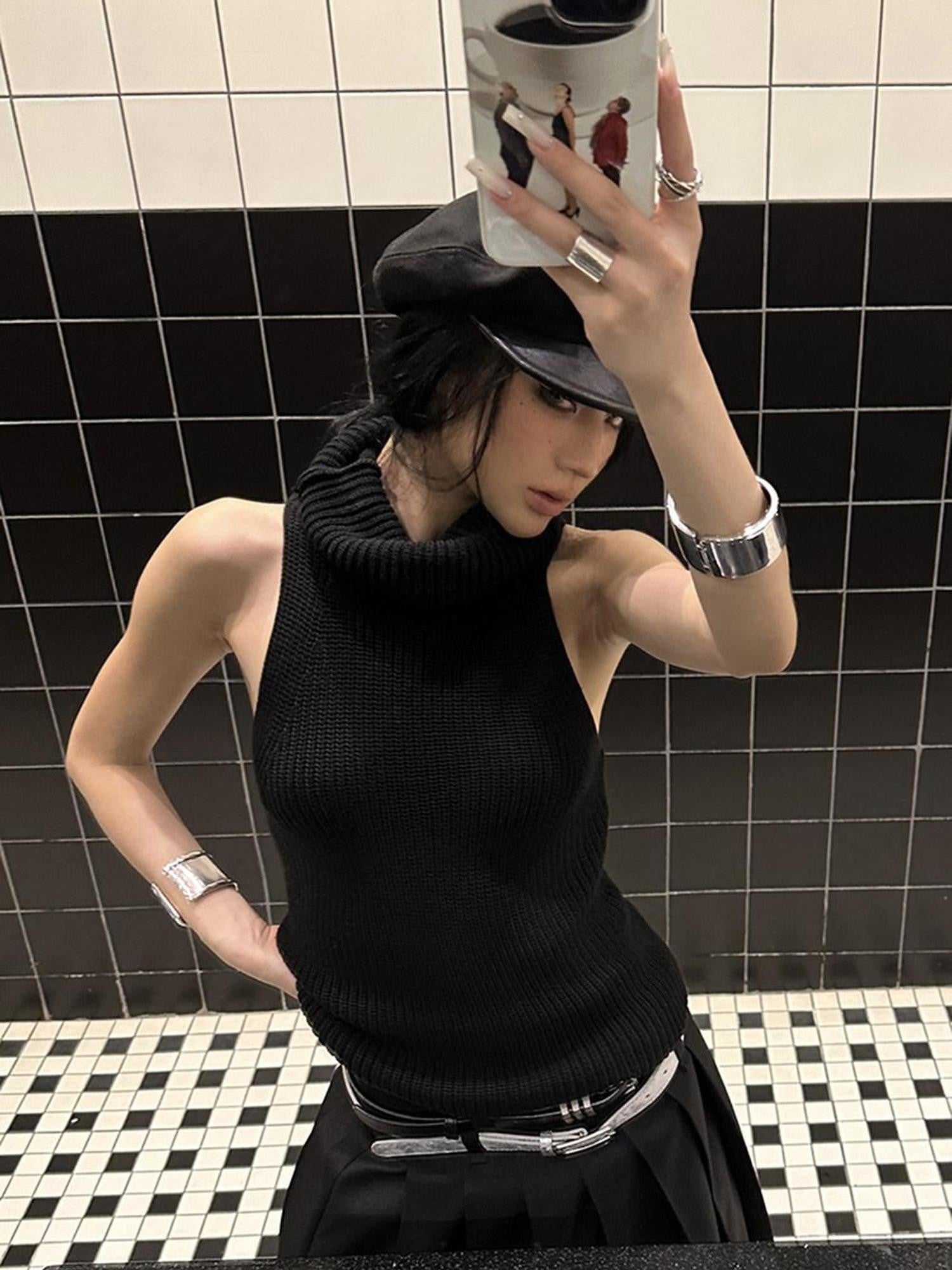 Fanptntox Solid Black High Neck Knitted Racerback Women's Slim Fit Other Fabric Tank Tops