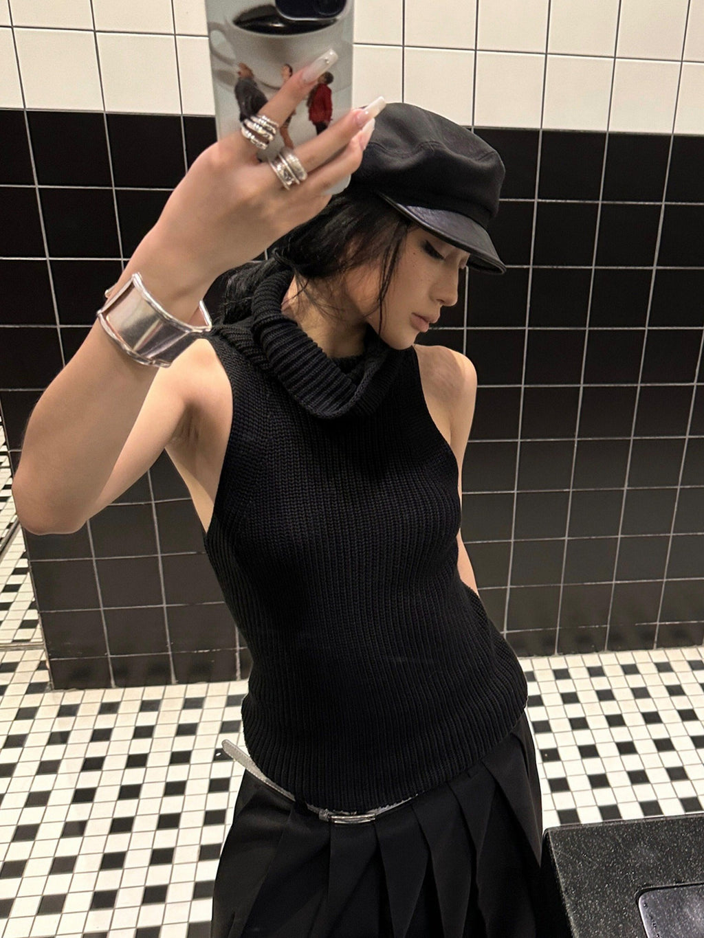 Fanptntox Solid Black High Neck Knitted Racerback Women's Slim Fit Other Fabric Tank Tops
