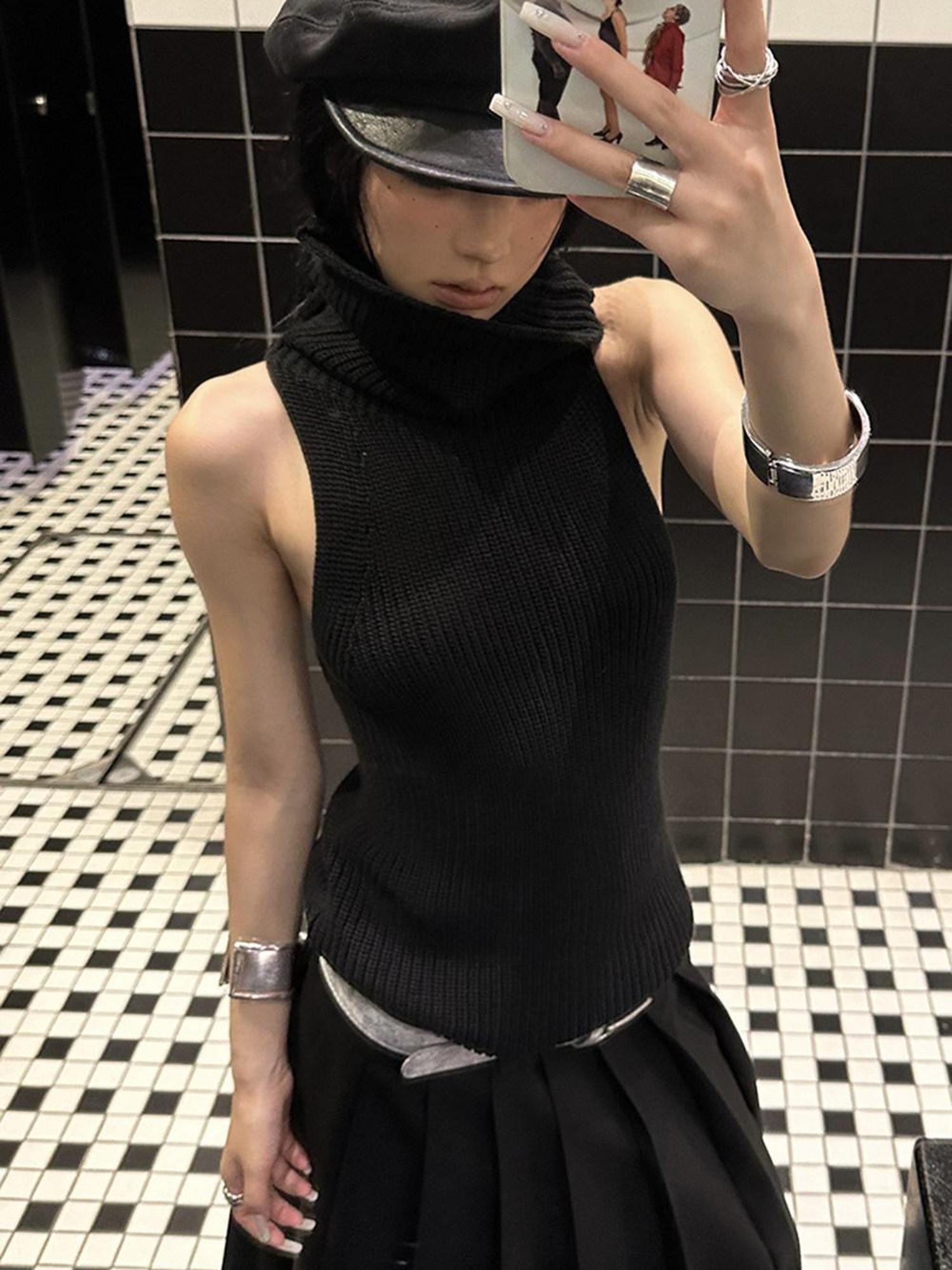 Fanptntox Solid Black High Neck Knitted Racerback Women's Slim Fit Other Fabric Tank Tops