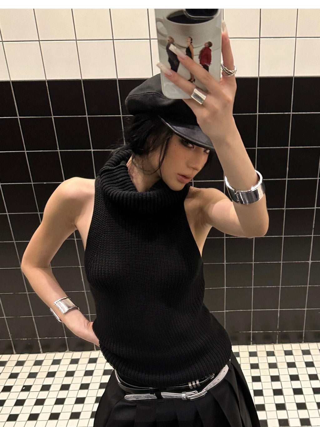 Fanptntox Solid Black High Neck Knitted Racerback Women's Slim Fit Other Fabric Tank Tops