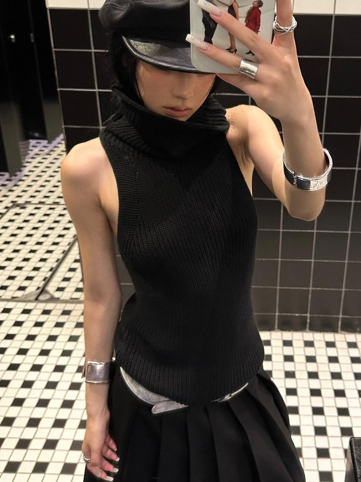 Fanptntox Solid Black High Neck Knitted Racerback Women's Slim Fit Other Fabric Tank Tops
