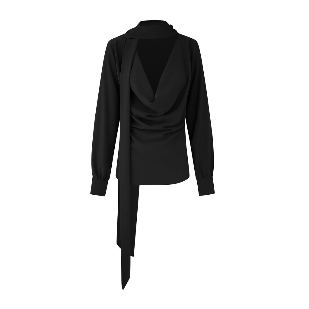 Fanptntox_Solid_Black_Tie_V-neck_Women's_100_Percent_Polyester_Long_Sleeve_T-shirts_734283633123_MISSTT