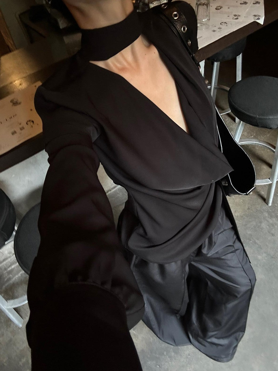 Fanptntox Solid Black Tie V-neck Women's 100 Percent Polyester Long Sleeve T-shirts