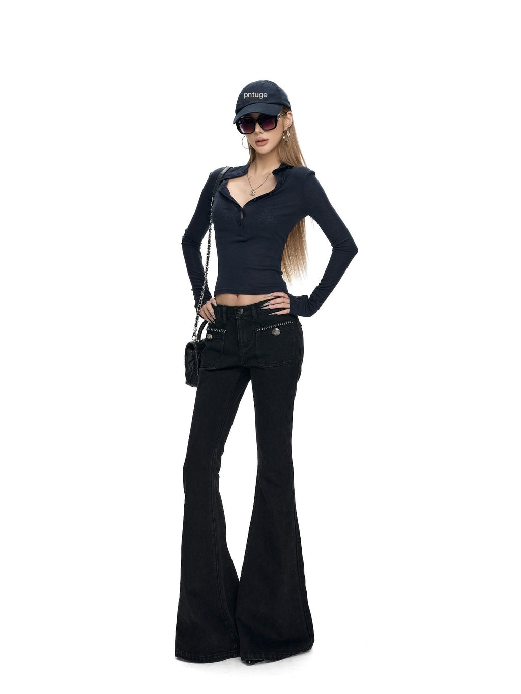 Fanptntox_Solid_Boucle_Trim_Metal_Button_Low_Waist_Slim_Women's_Cotton_Denim_Bootcut_Jeans_1001645994727_MISSTT