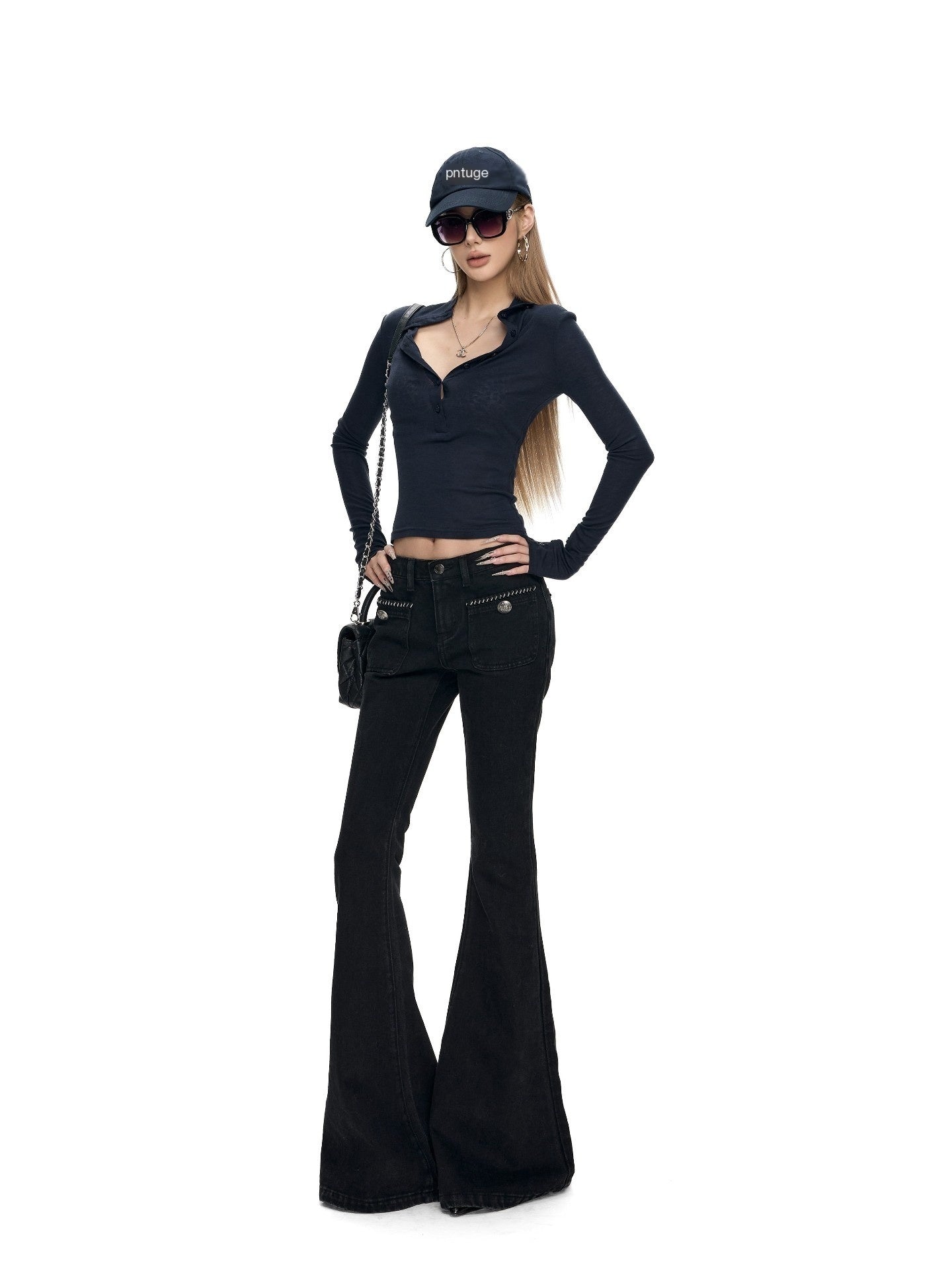Fanptntox_Solid_Boucle_Trim_Metal_Button_Low_Waist_Slim_Women's_Cotton_Denim_Bootcut_Jeans_1001645994727_MISSTT