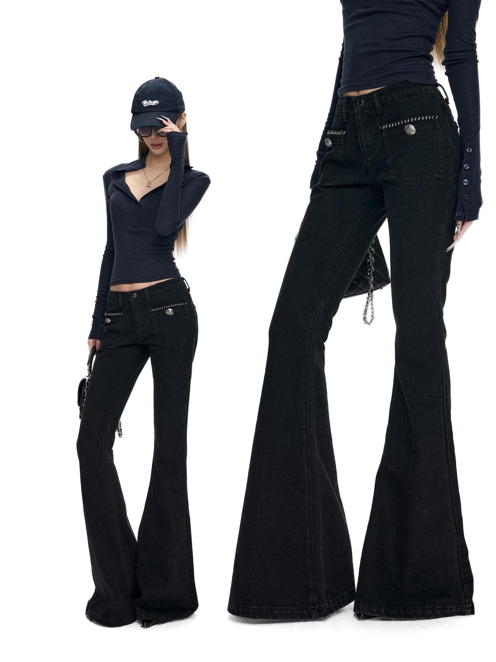 Fanptntox Solid Boucle Trim Metal Button Low Waist Slim Women's Cotton Denim Bootcut Jeans