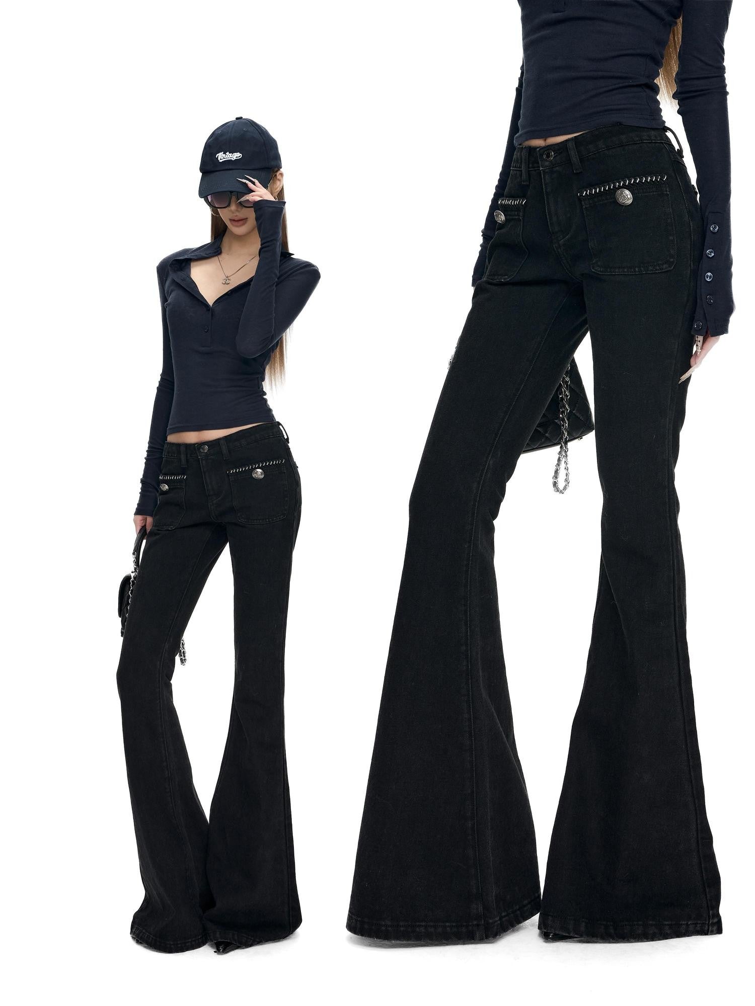Fanptntox Solid Boucle Trim Metal Button Low Waist Slim Women's Cotton Denim Bootcut Jeans