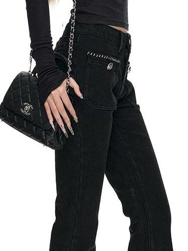 Fanptntox Solid Boucle Trim Metal Button Low Waist Slim Women's Cotton Denim Bootcut Jeans