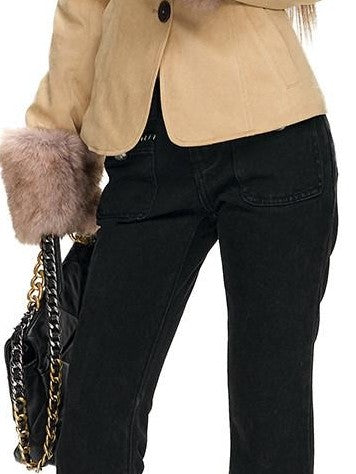 Fanptntox Solid Boucle Trim Metal Button Low Waist Slim Women's Cotton Denim Bootcut Jeans