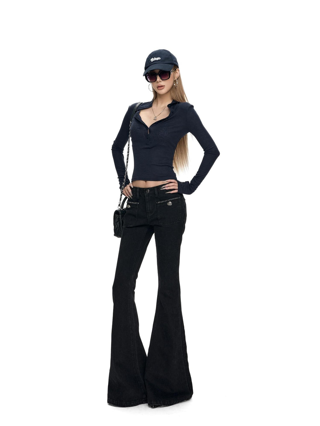 Fanptntox Solid Boucle Trim Metal Button Low Waist Slim Women's Cotton Denim Bootcut Jeans