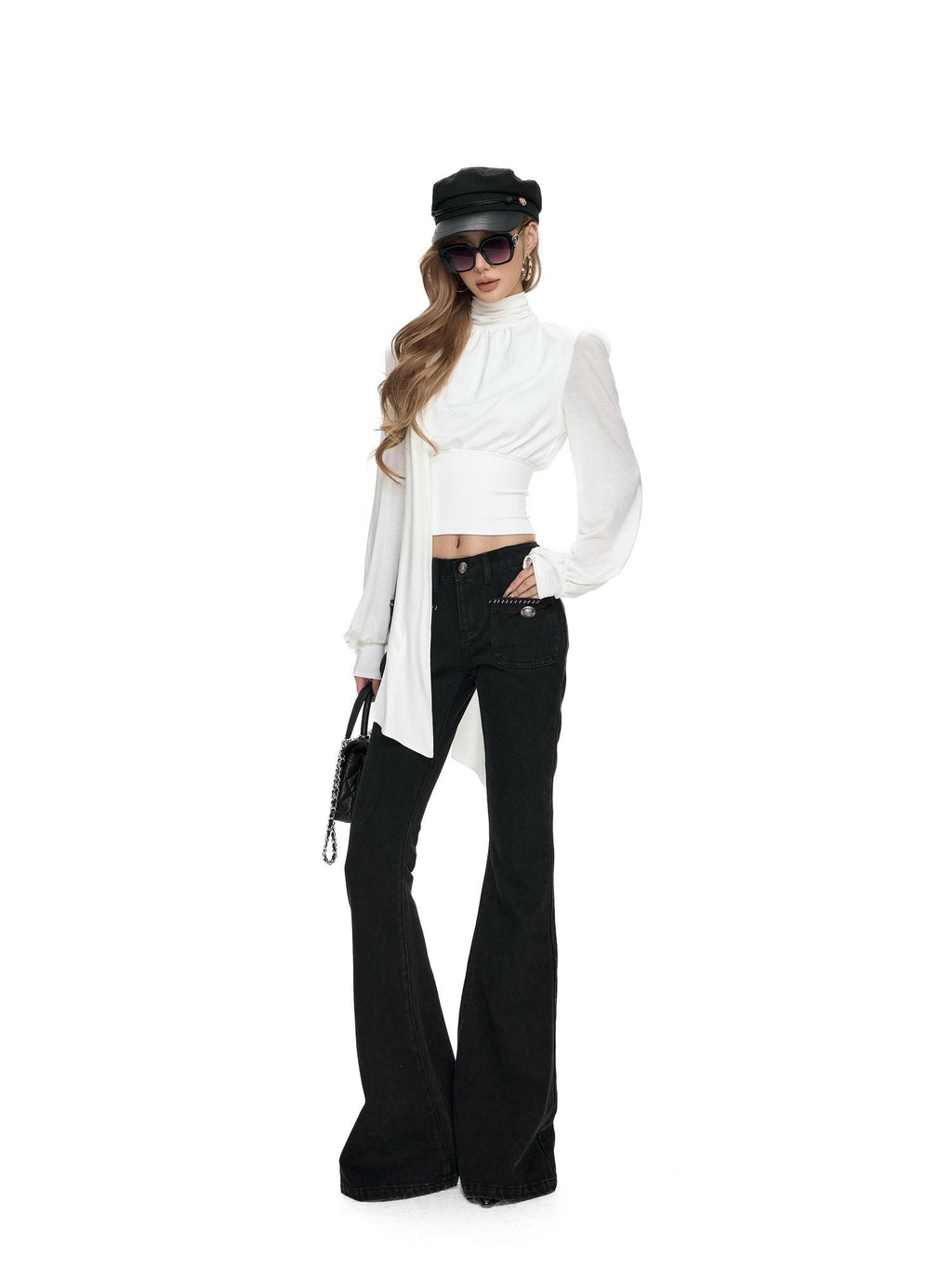 Fanptntox Solid Boucle Trim Metal Button Low Waist Slim Women's Cotton Denim Bootcut Jeans