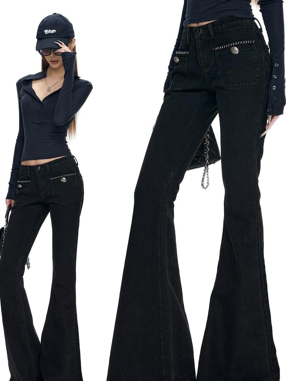Fanptntox Solid Boucle Trim Metal Button Low Waist Slim Women's Cotton Denim Bootcut Jeans
