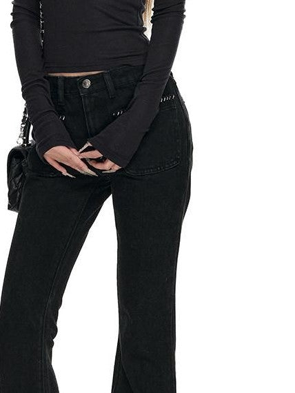 Fanptntox Solid Boucle Trim Metal Button Low Waist Slim Women's Cotton Denim Bootcut Jeans