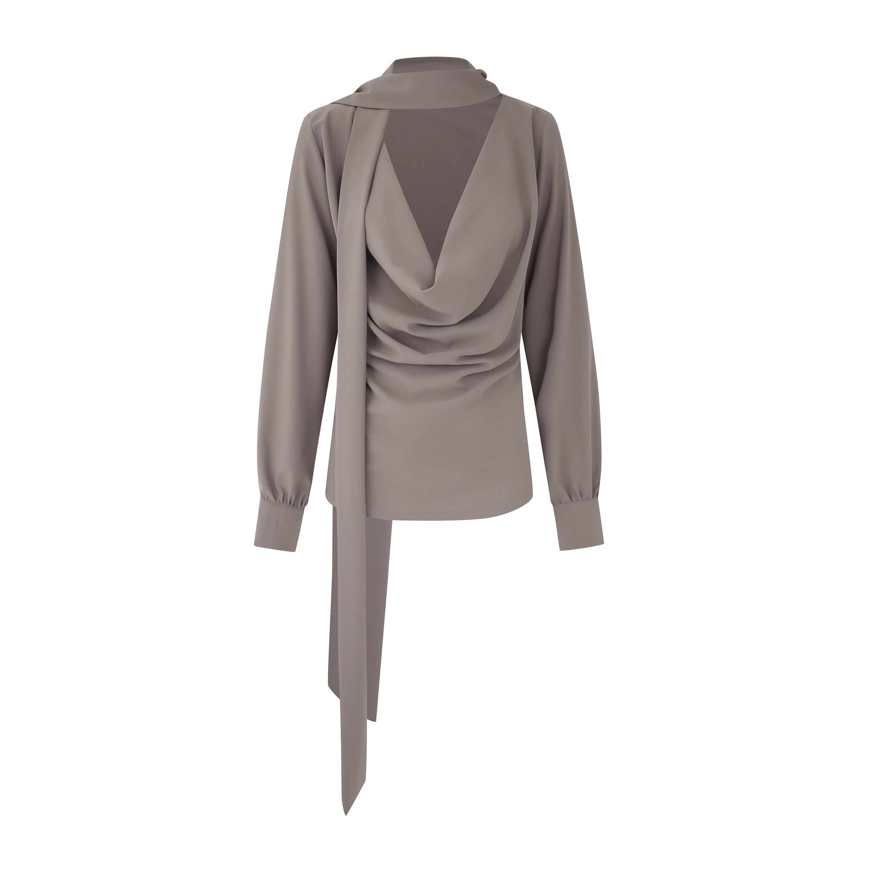 Fanptntox_Solid_Chestnut_Draped_Tie_V-neck_Loose_Women's_Polyester_Long_Sleeve_T-shirts_734406570600_MISSTT
