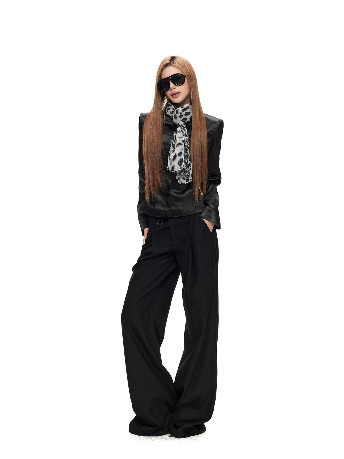 Fanptntox Solid Color Asymmetric Waist Wide Leg Drapey Women's Woven Tailored Pants