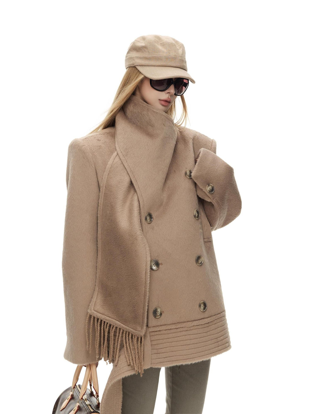 Fanptntox Solid Color Double Breasted Scarf Collar Loose Fit Women's Polyester Short Coats