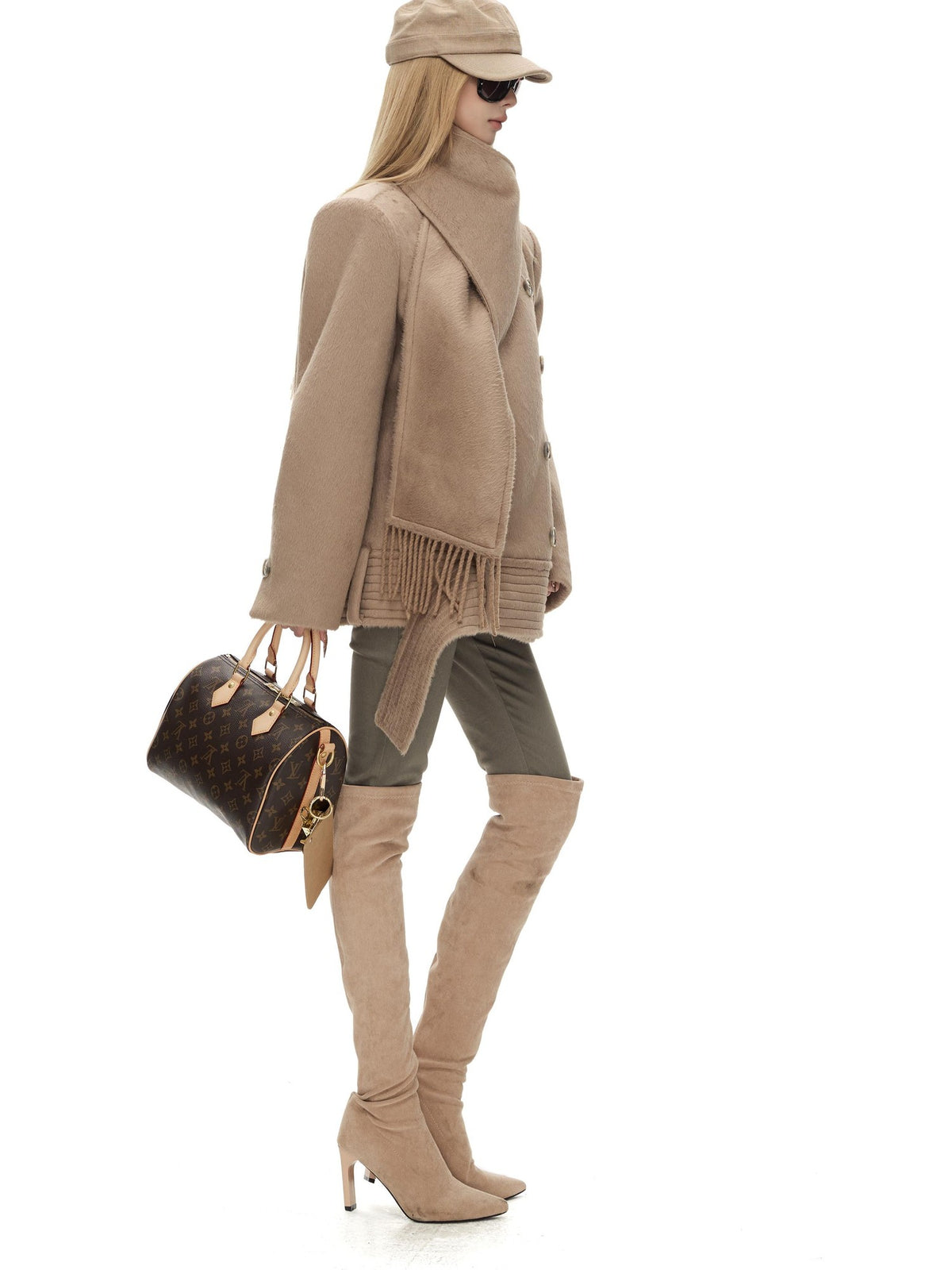 Fanptntox Solid Color Double Breasted Scarf Collar Loose Fit Women's Polyester Short Coats
