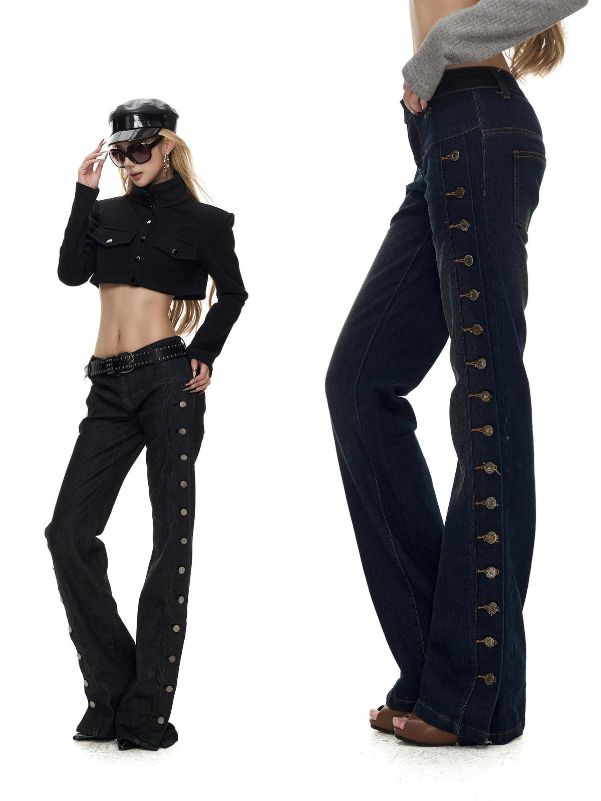 Fanptntox Solid Color Multi Button Low Rise Non Stretch Women's Cotton Bootcut Jeans