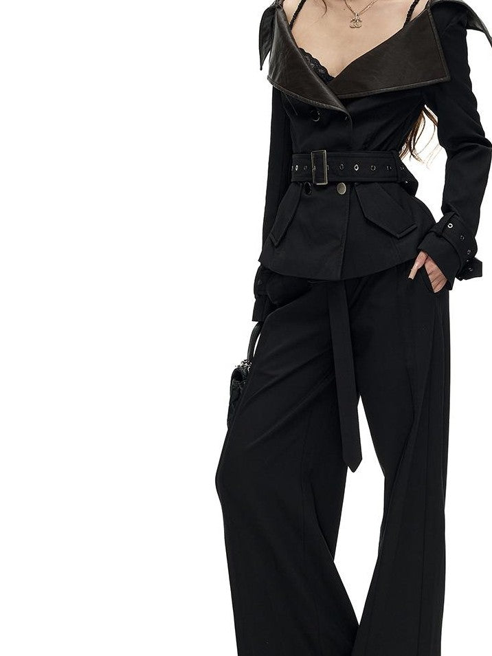Fanptntox Solid Color Off Shoulder Waist Cinched Short Paneled Women's Pu Leather Jackets