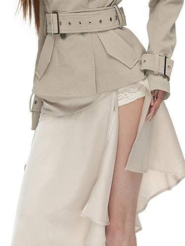 Fanptntox Solid Color Off Shoulder Waist Cinched Short Paneled Women's Pu Leather Jackets
