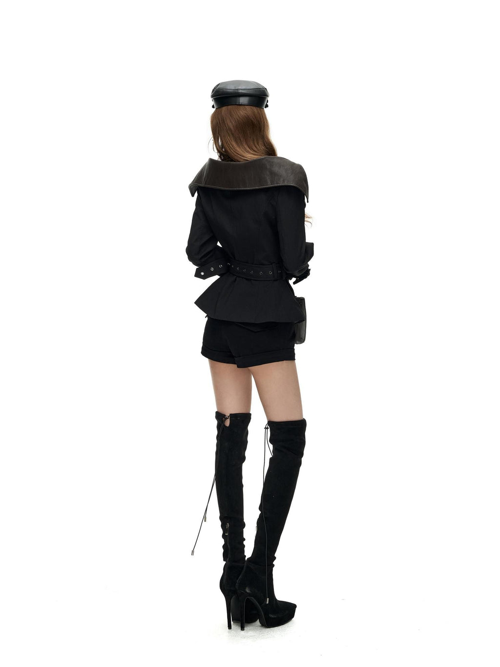 Fanptntox Solid Color Off Shoulder Waist Cinched Short Paneled Women's Pu Leather Jackets