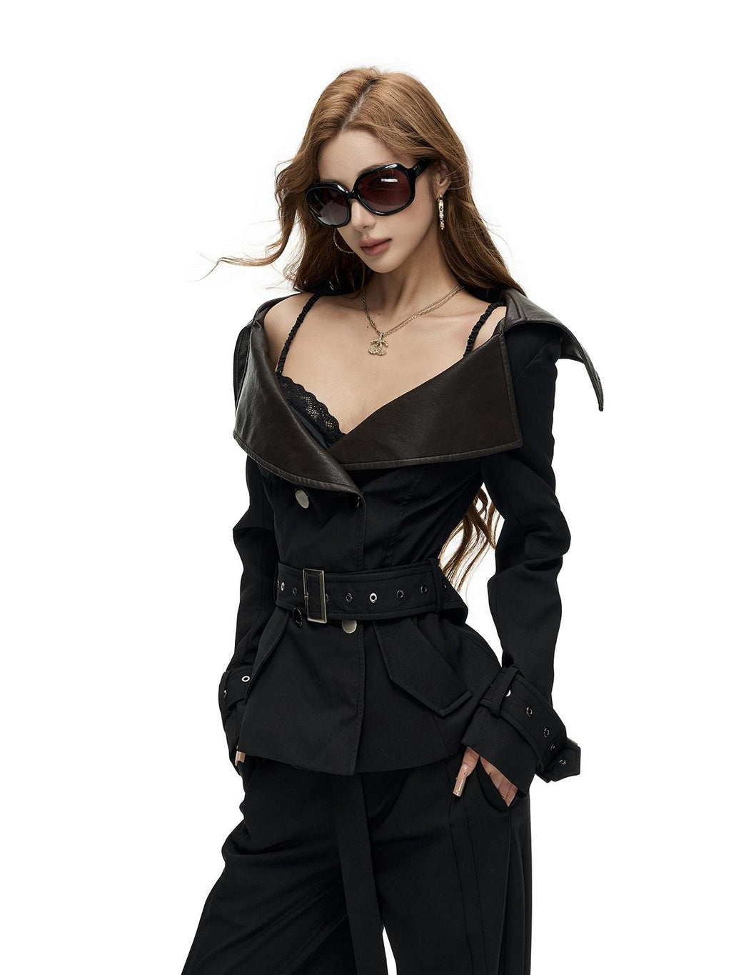 Fanptntox Solid Color Off Shoulder Waist Cinched Short Paneled Women's Pu Leather Jackets