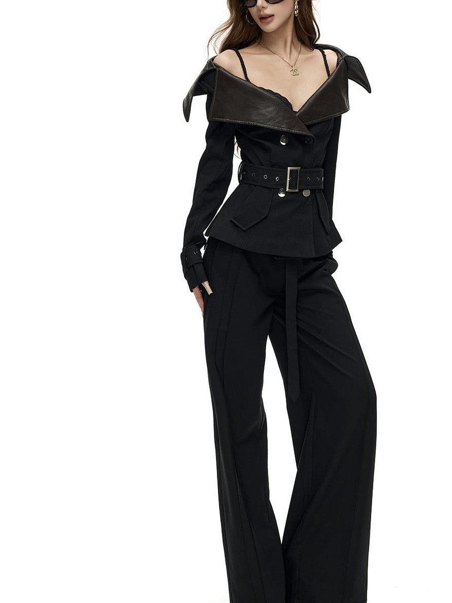 Fanptntox Solid Color Off Shoulder Waist Cinched Short Paneled Women's Pu Leather Jackets