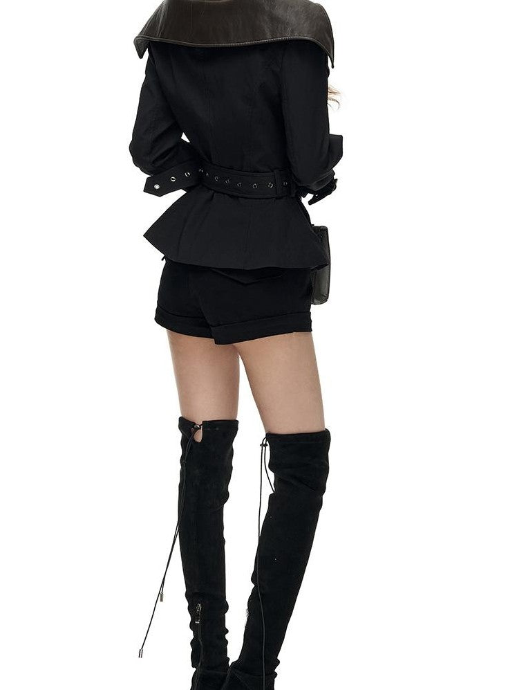 Fanptntox Solid Color Off Shoulder Waist Cinched Short Paneled Women's Pu Leather Jackets