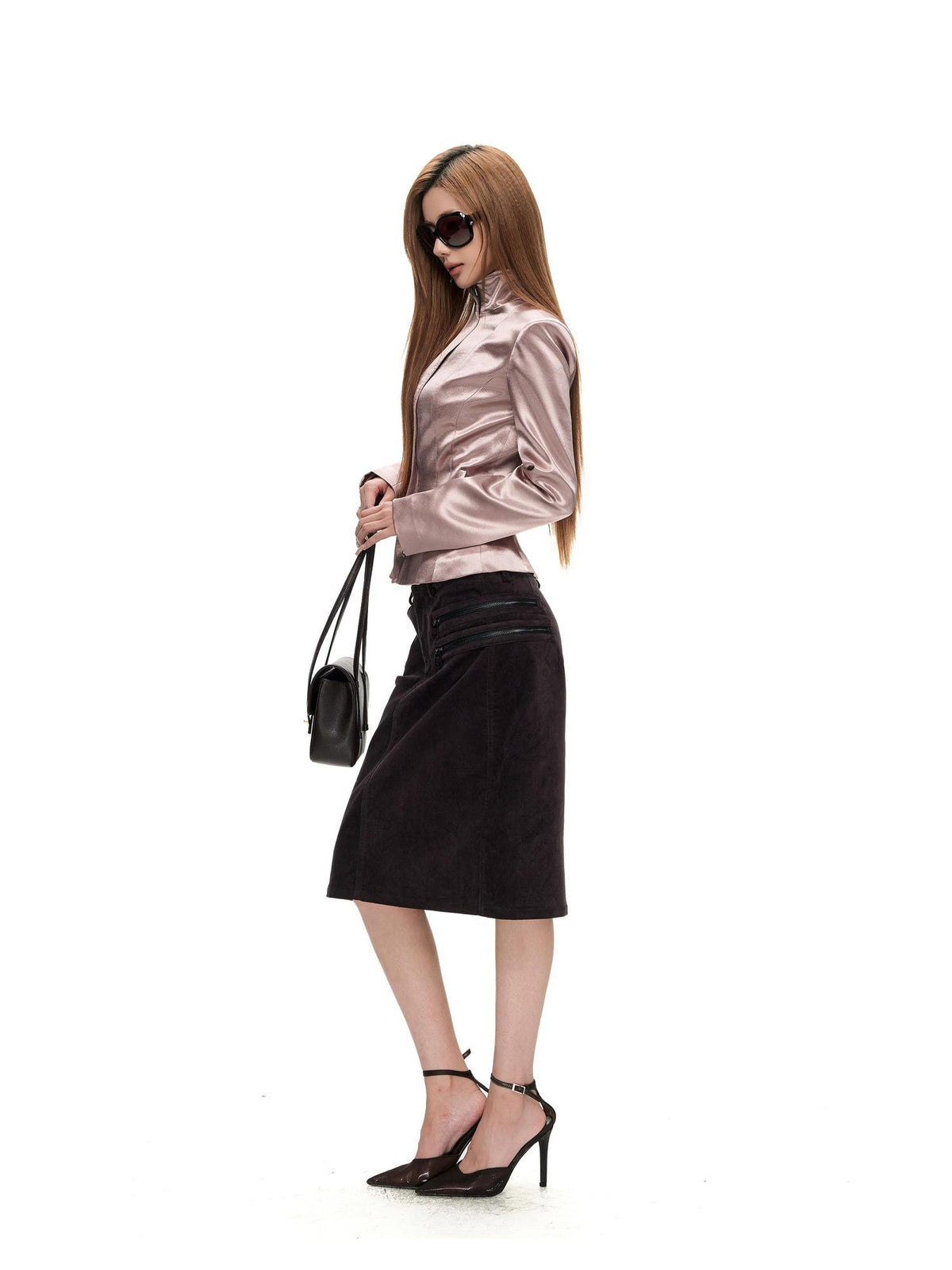 Fanptntox Solid Color Zipper Decor High Waist Bodycon Pencil Women's Cotton Midi Skirts