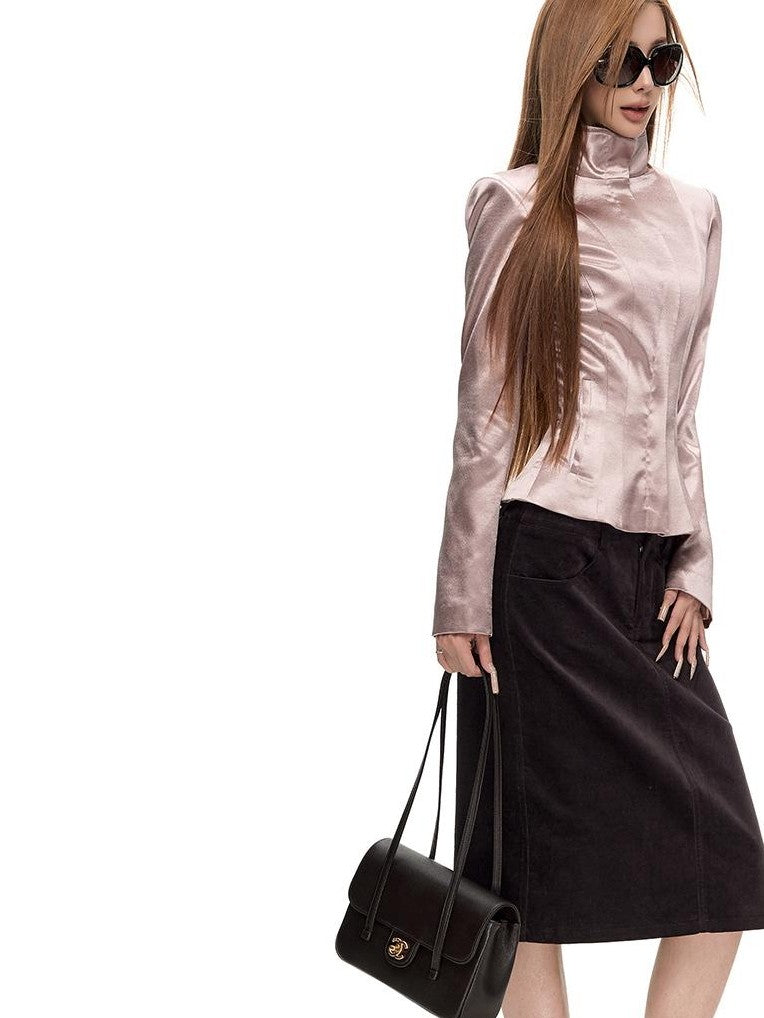 Fanptntox Solid Color Zipper Decor High Waist Bodycon Pencil Women's Cotton Midi Skirts