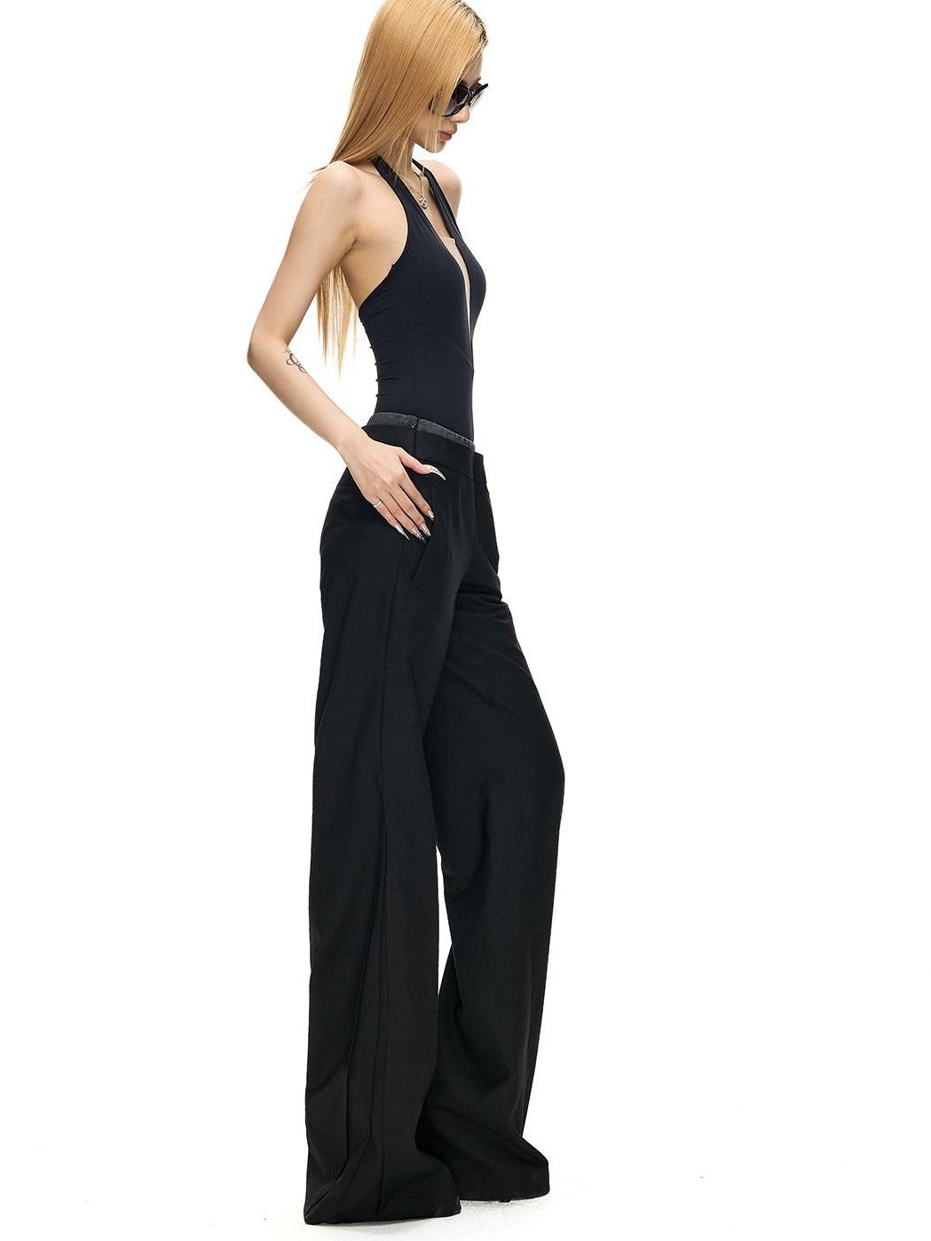 Fanptntox Solid Double Waistband Micro Flare Women's Polyester Woven Tailored Pants