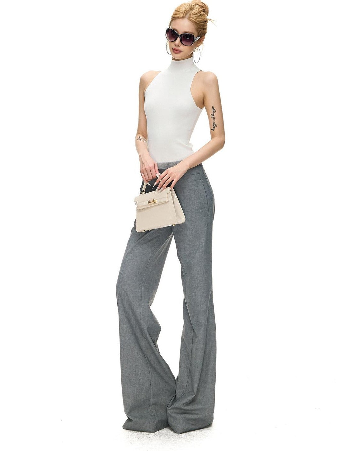 Fanptntox Solid Double Waistband Micro Flare Women's Polyester Woven Tailored Pants