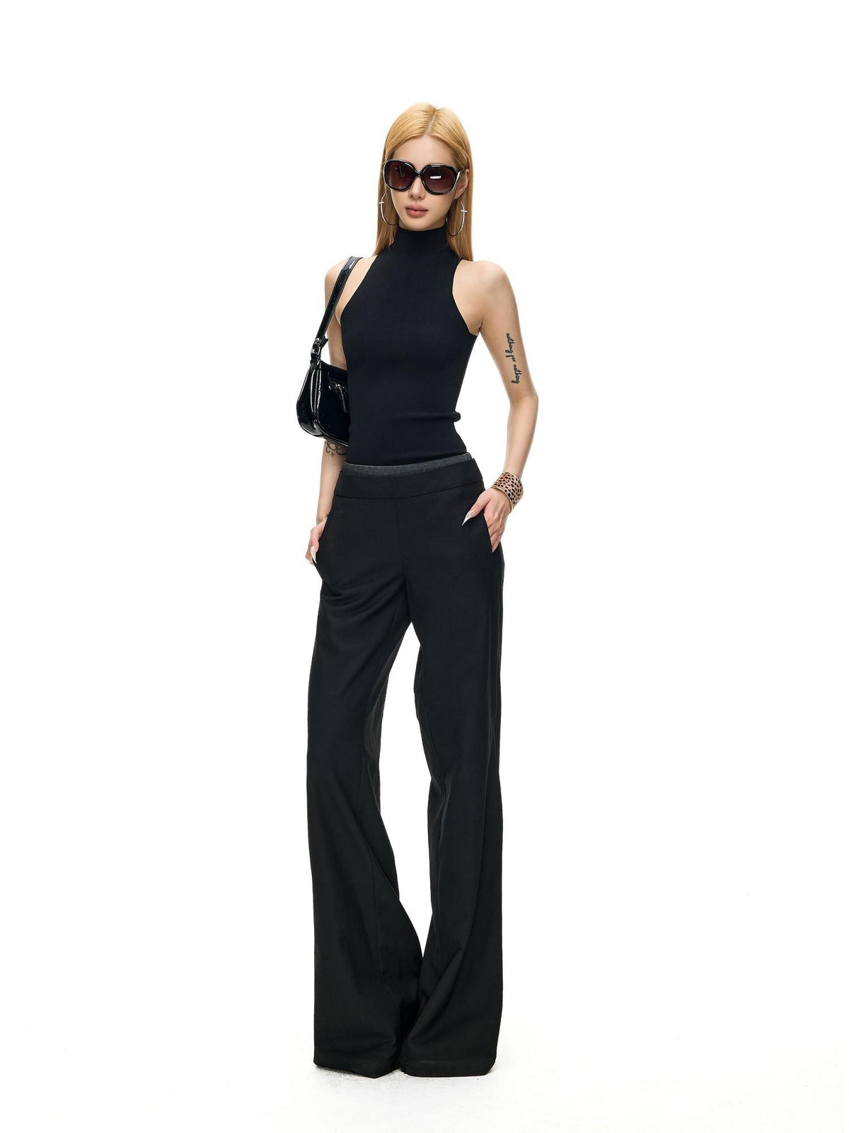 Fanptntox Solid Double Waistband Micro Flare Women's Polyester Woven Tailored Pants