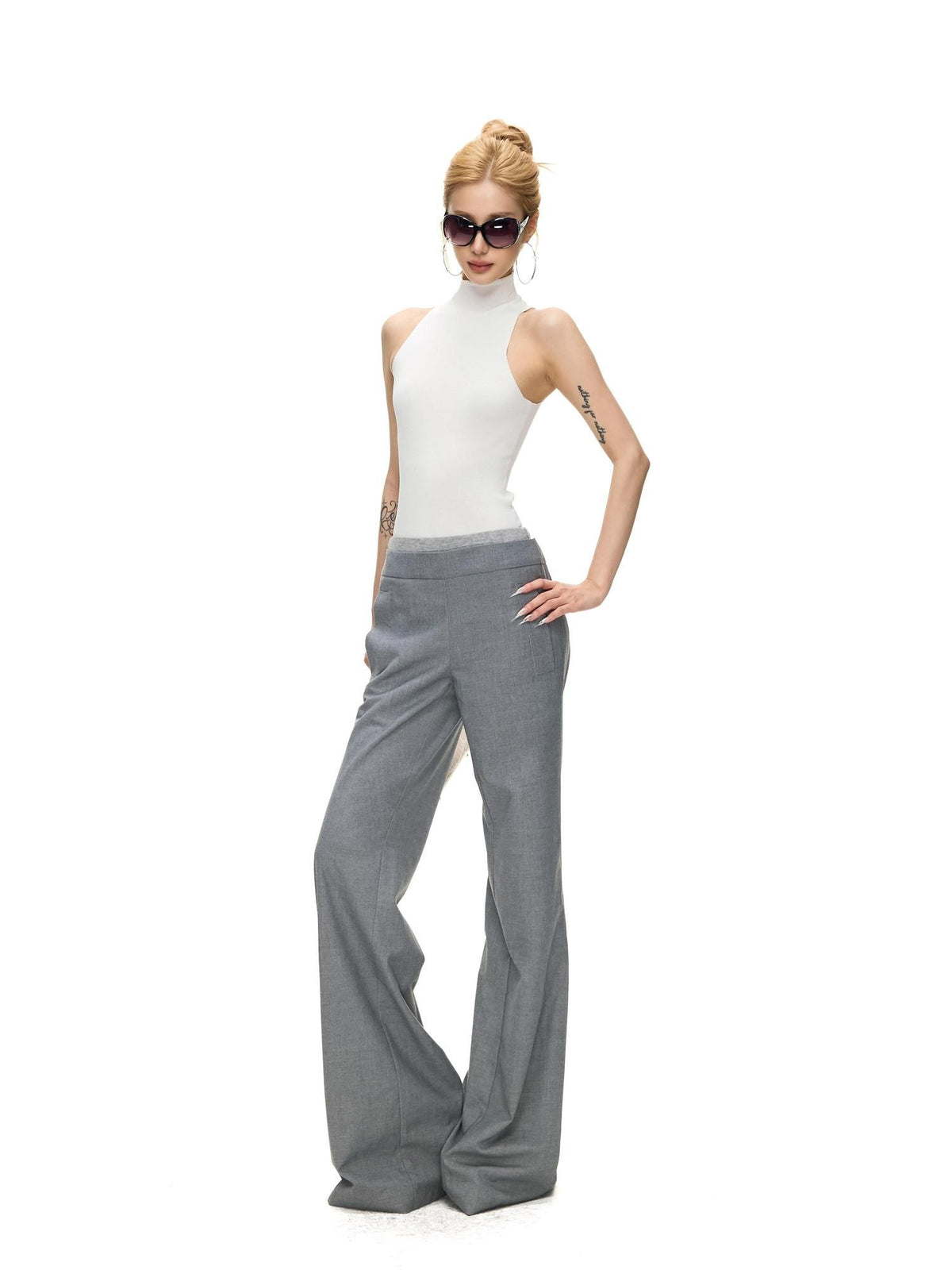 Fanptntox Solid Double Waistband Micro Flare Women's Polyester Woven Tailored Pants