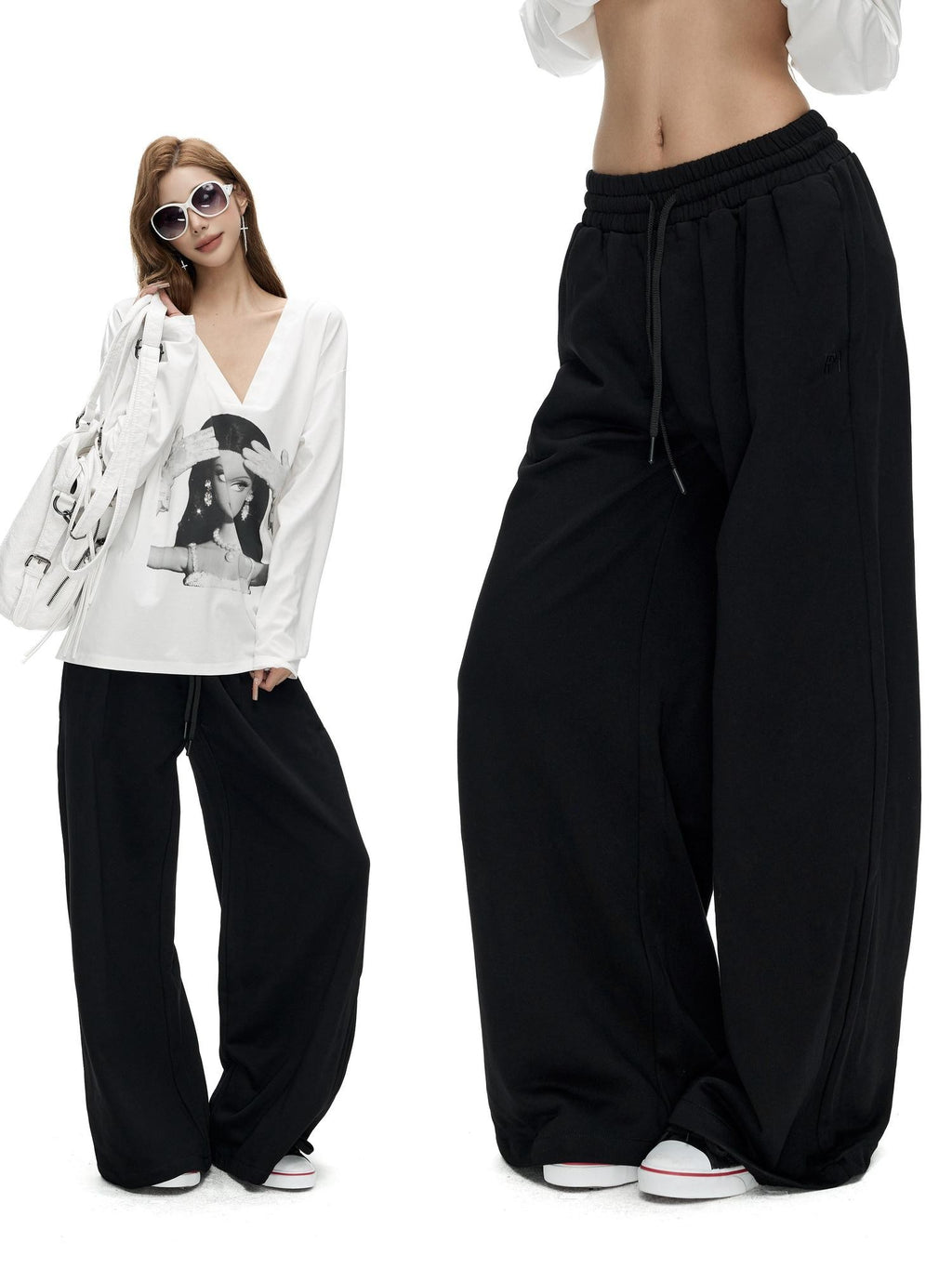 Fanptntox Solid Drawstring Low Waist Minimal Women's Cotton Knit Wide-leg Pants