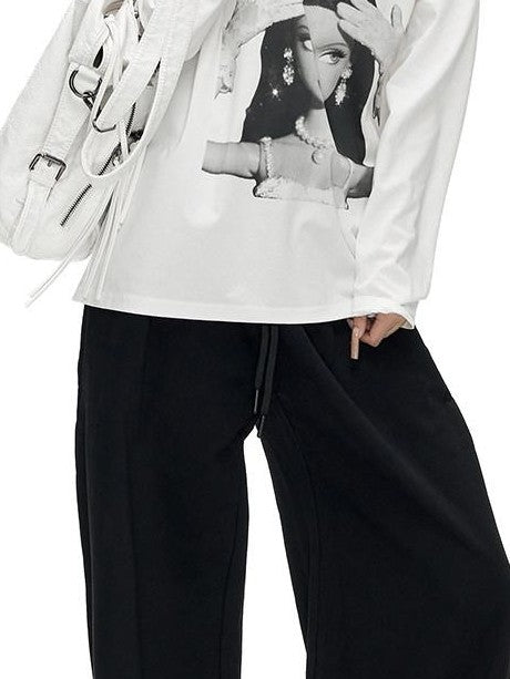 Fanptntox Solid Drawstring Low Waist Minimal Women's Cotton Knit Wide-leg Pants