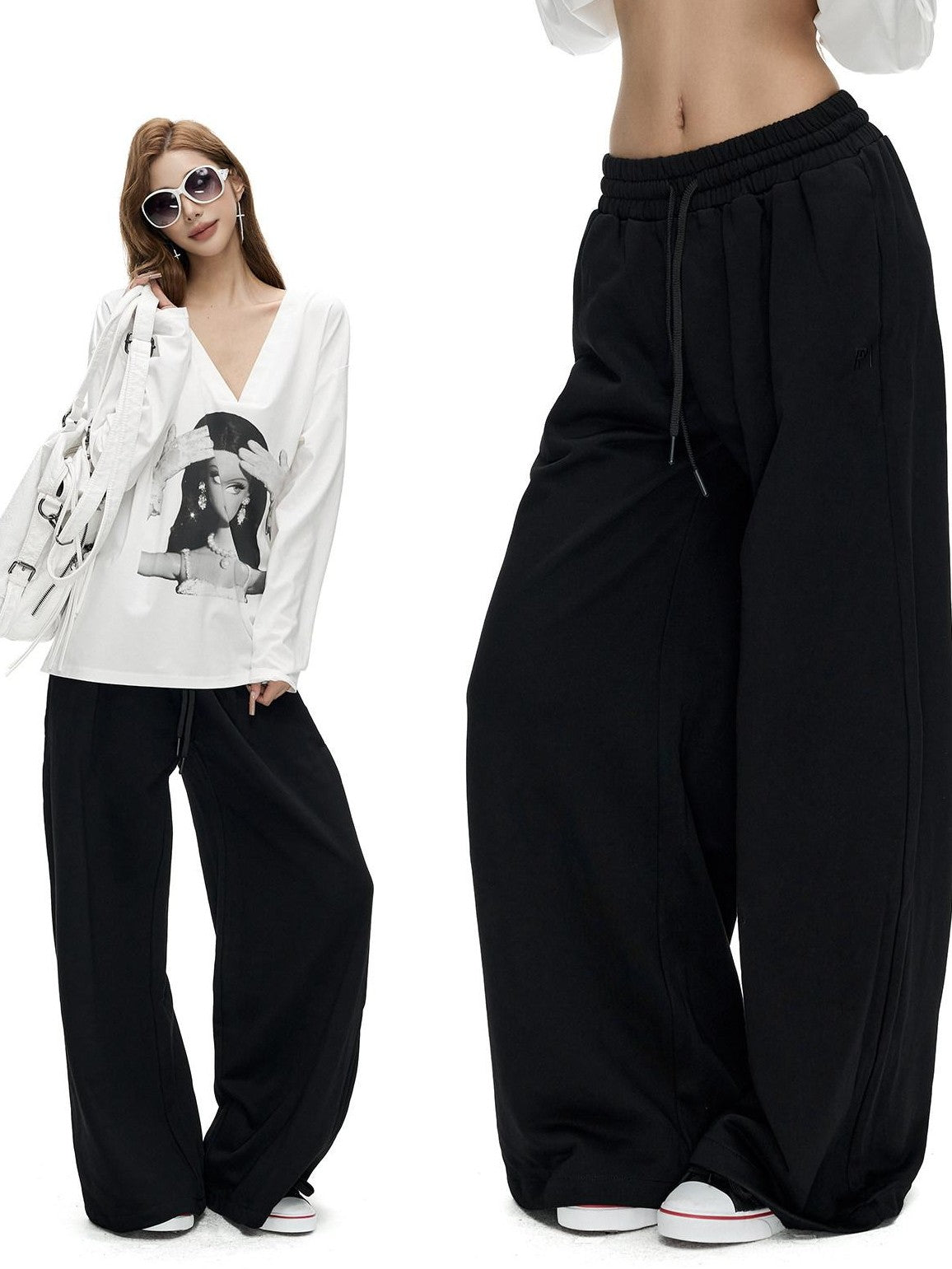 Fanptntox Solid Drawstring Low Waist Minimal Women's Cotton Knit Wide-leg Pants