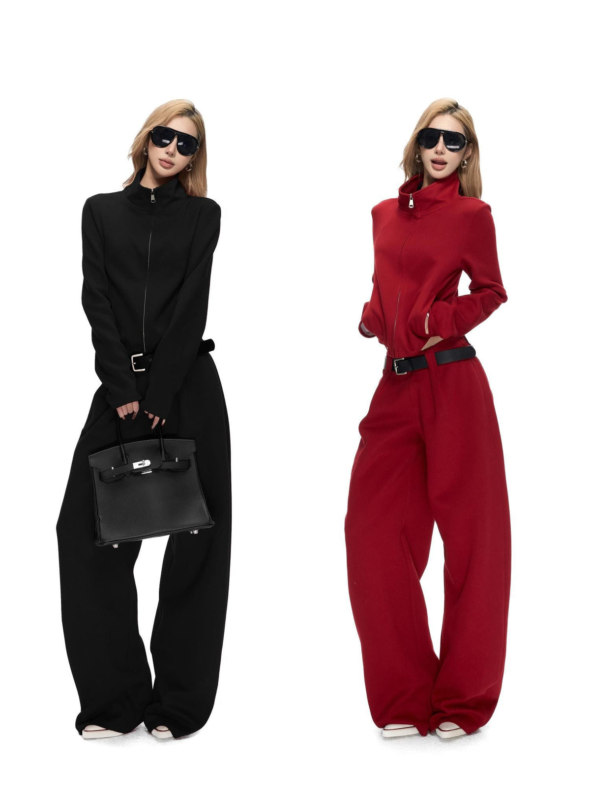 Fanptntox Solid Drawstring Zip Up Stand Collar Women's Cotton Thick Long Sleeve Casual Top & Pants Sets