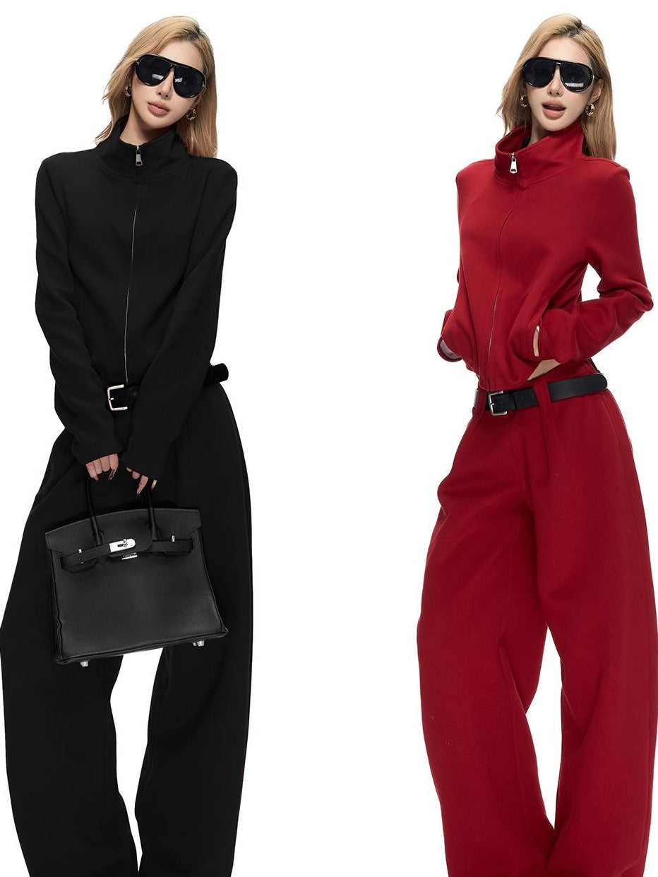 Fanptntox Solid Drawstring Zip Up Stand Collar Women's Cotton Thick Long Sleeve Casual Top & Pants Sets