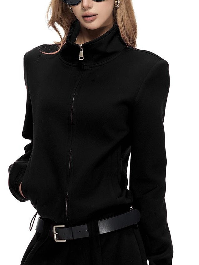 Fanptntox Solid Drawstring Zip Up Stand Collar Women's Cotton Thick Long Sleeve Casual Top & Pants Sets