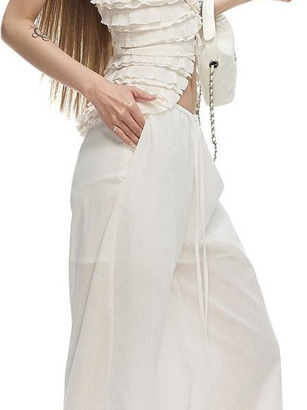 Fanptntox Solid French Tiered Ruffle Asymmetric Buttoned Women's Nylon Blend Halter Tops