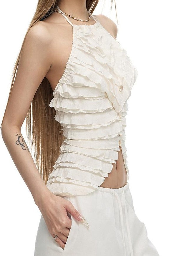 Fanptntox Solid French Tiered Ruffle Asymmetric Buttoned Women's Nylon Blend Halter Tops