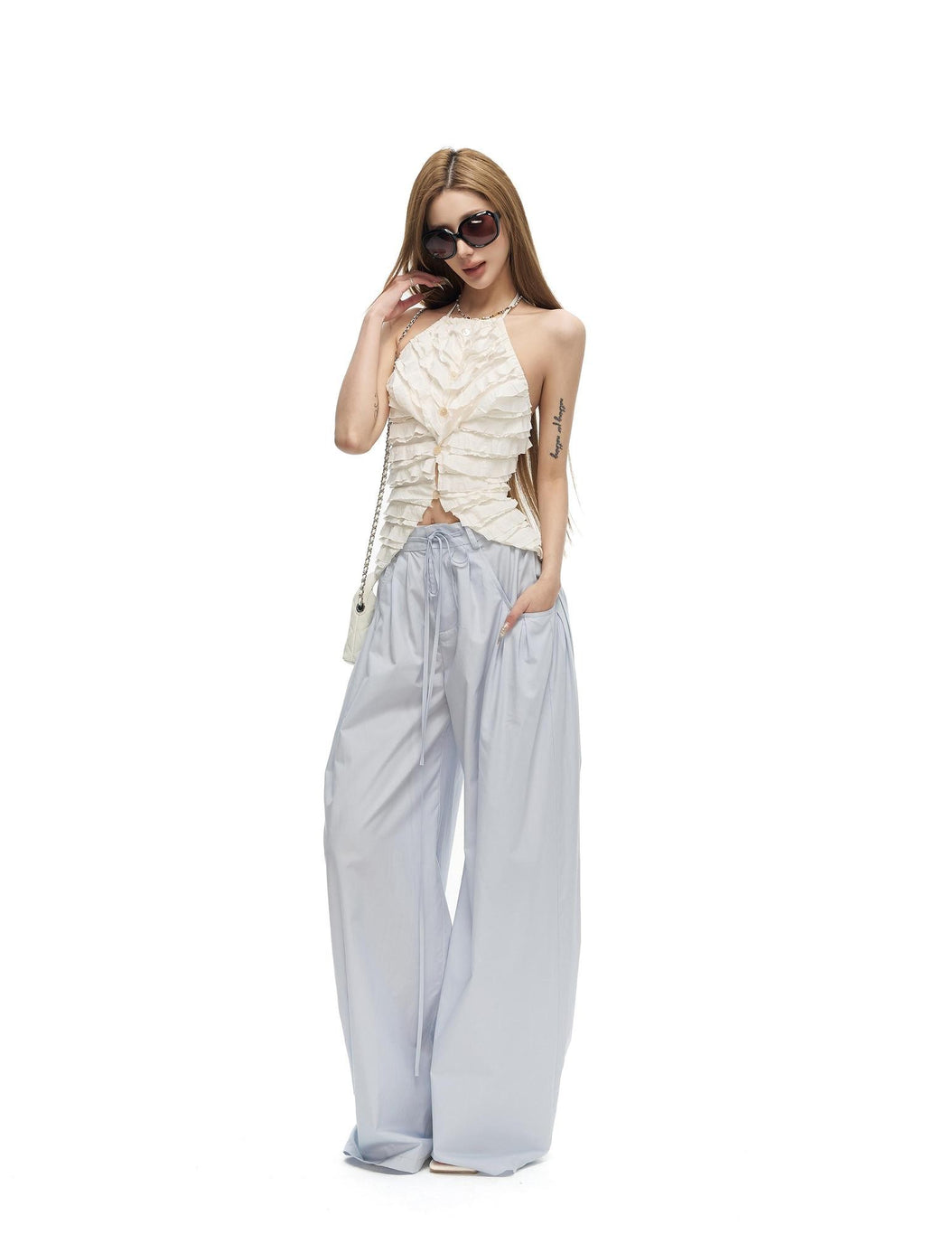 Fanptntox Solid French Tiered Ruffle Asymmetric Buttoned Women's Nylon Blend Halter Tops
