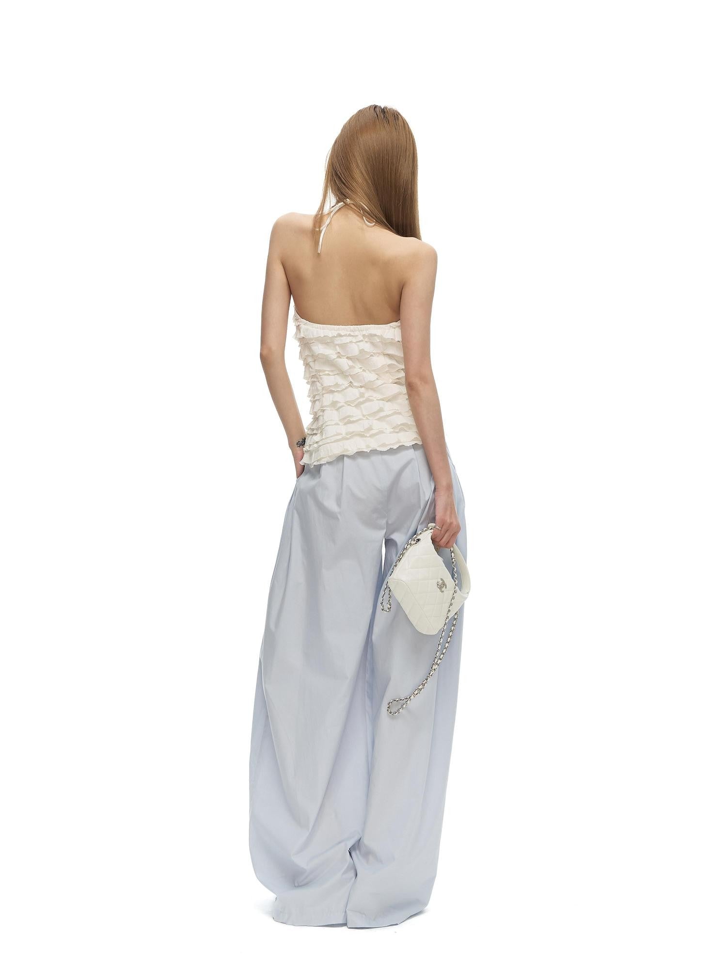 Fanptntox Solid French Tiered Ruffle Asymmetric Buttoned Women's Nylon Blend Halter Tops