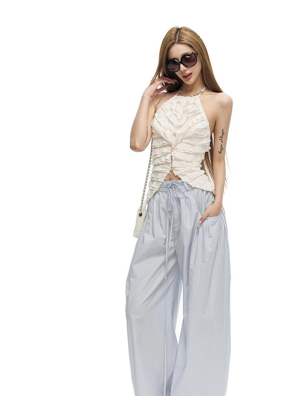 Fanptntox Solid French Tiered Ruffle Asymmetric Buttoned Women's Nylon Blend Halter Tops