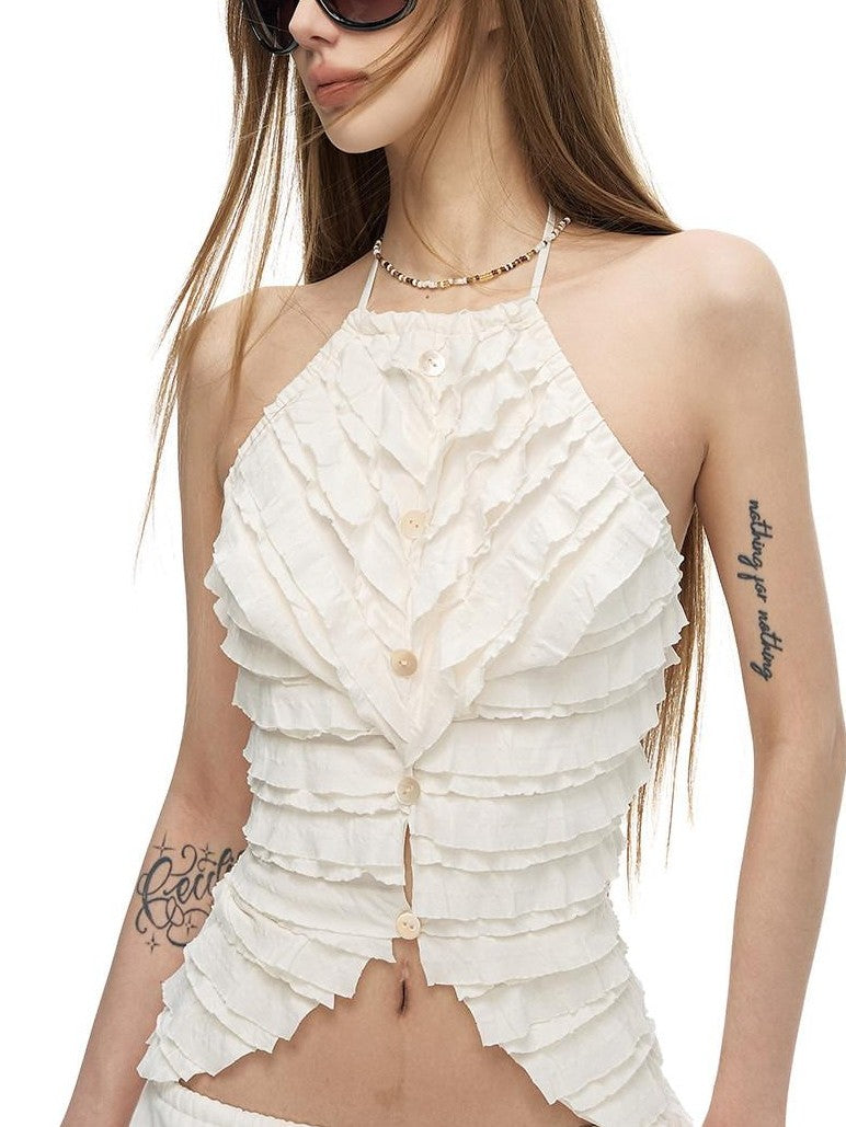 Fanptntox Solid French Tiered Ruffle Asymmetric Buttoned Women's Nylon Blend Halter Tops