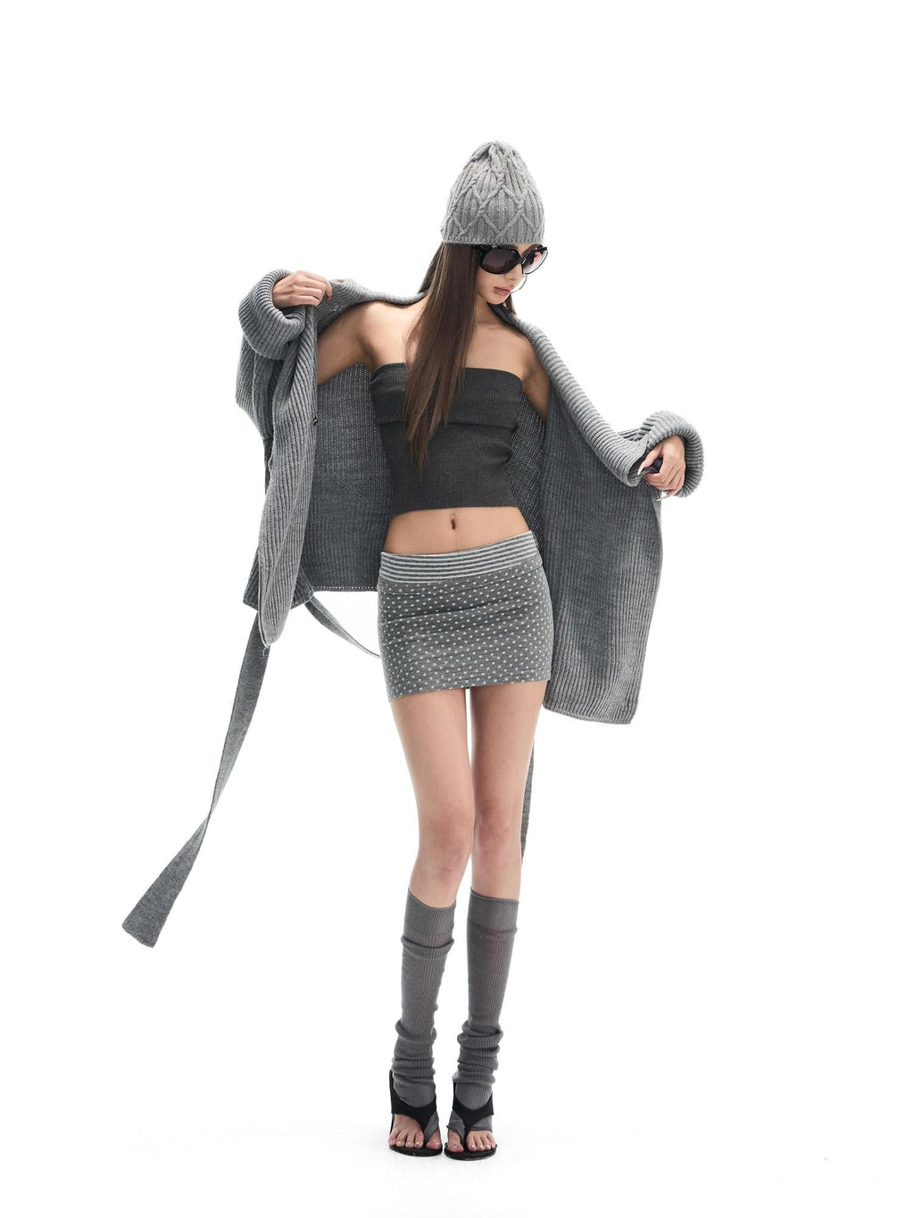 Fanptntox Solid Gray Backless Strapless Slim Knit Women's Wool Matching Skirt Sets