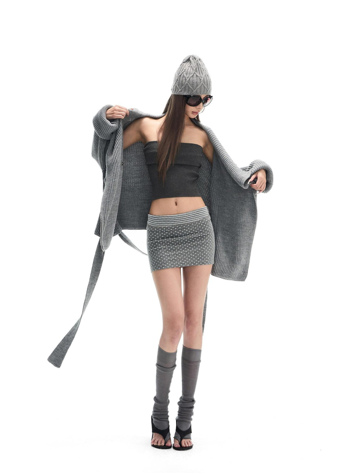 Fanptntox Solid Gray Backless Strapless Slim Knit Women's Wool Matching Skirt Sets