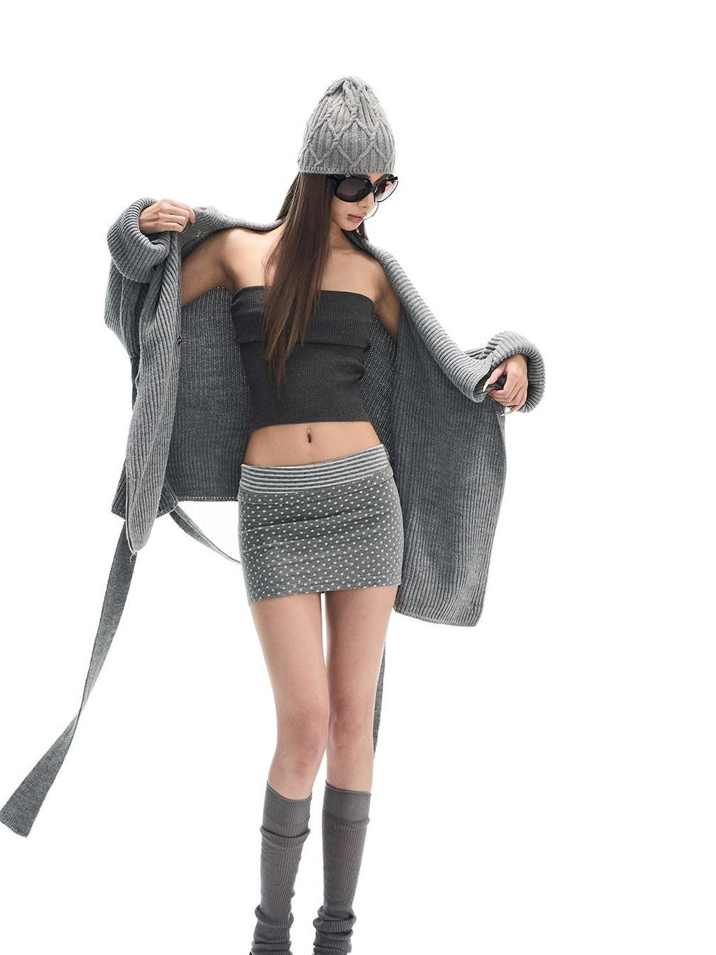 Fanptntox Solid Gray Backless Strapless Slim Knit Women's Wool Matching Skirt Sets