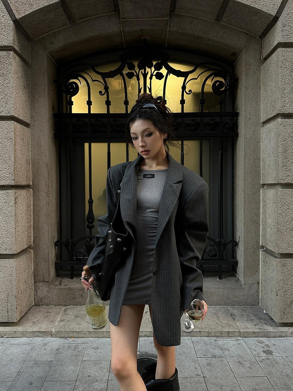 Fanptntox Solid Gray Single Button Loose Fit Long Sleeve Street Style Women's Blazers